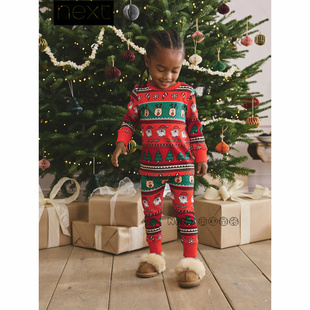 826 10岁F75 英国Next儿童兄妹红色圣诞老人驯鹿家居服睡衣裤