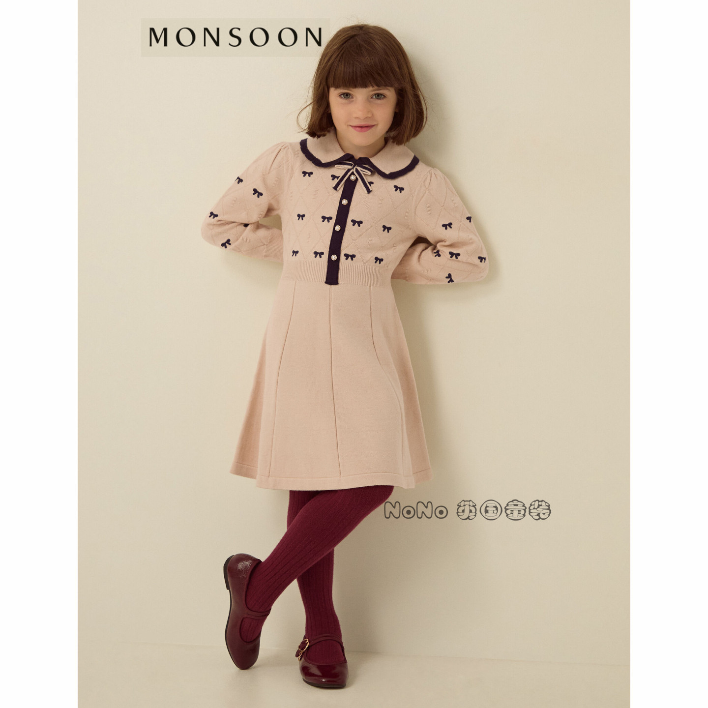 英国Monsoon女童翻领蝴蝶结刺绣毛衣裙长袖连衣裙3-13岁新款70137