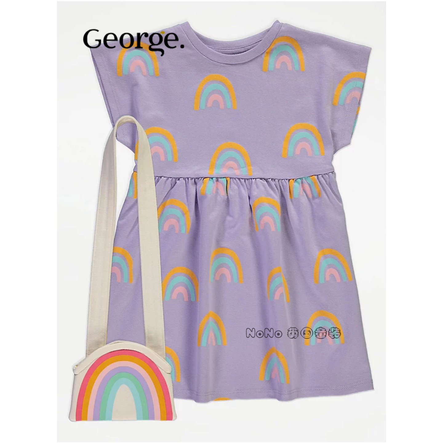 现货英国乔治George正品女童彩虹紫色短袖连衣裙斜挎包纯棉新款