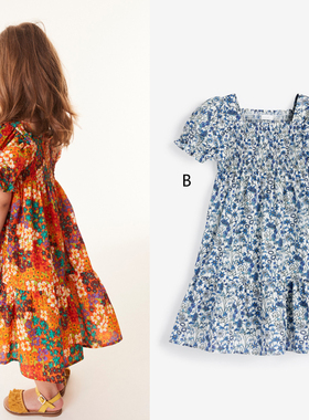 现货Next英国正品女童橙色蓝色花朵连衣裙纯棉短袖长款116-737