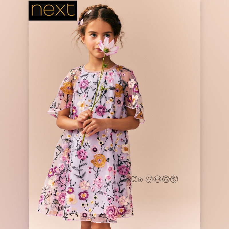 现货英国Next正品女大童紫色重工花朵刺绣连衣裙演出礼服E57-541