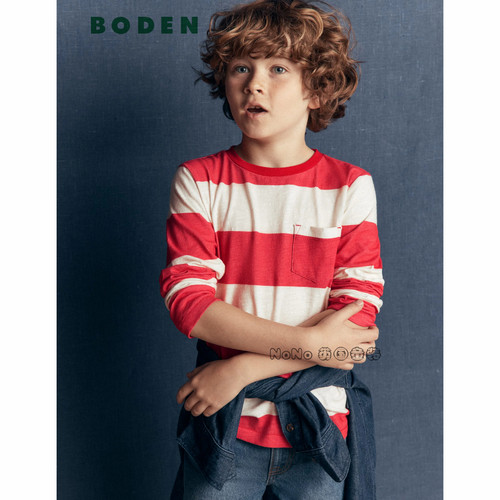 代购英国Mini BODEN男童红白色条纹长袖T恤全棉2-14岁新款B3278