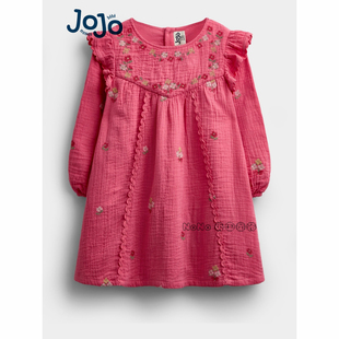 英国JoJo Maman Bebe女童粉红色花朵刺绣长袖全棉连衣裙Y70-907