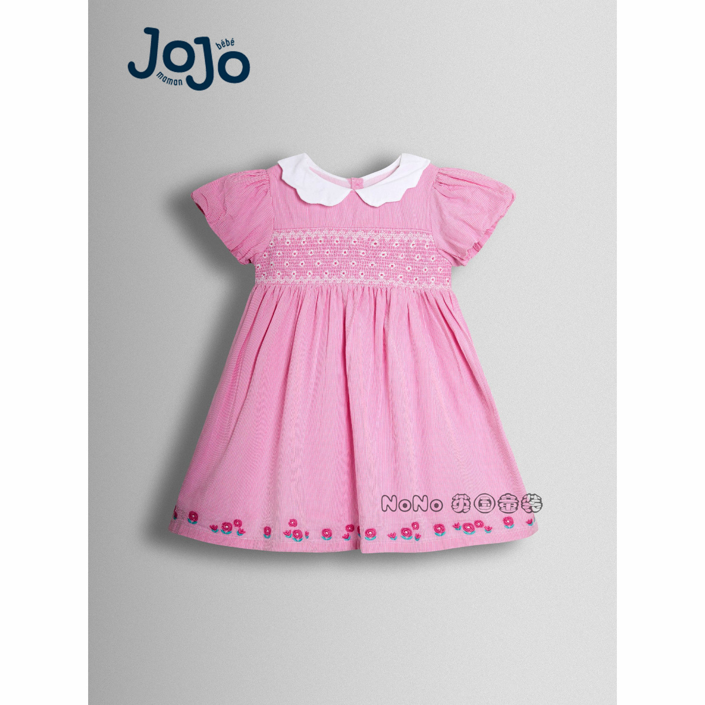 英国JoJo Maman Bebe女童粉色打揽刺绣花娃娃领全棉连衣裙V00-428