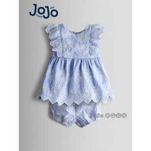 全棉Y18 英国JOJO 980 套装 短裤 Maman Bebe婴童蓝色刺绣T恤衫