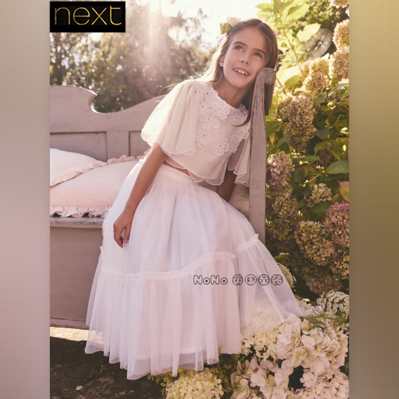 英国Next正品代购女大童白色3D花朵半裙上衣伴娘演出礼服E58-302