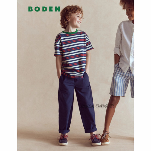 英国Mini BODEN正品男童红蓝白色条纹短袖T恤全棉2-14岁新款B3241