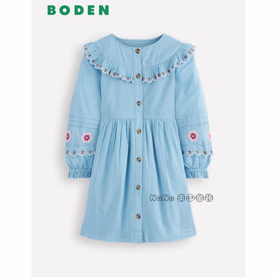 代购英国Mini Boden女童蓝色刺绣花长袖连衣裙全棉2-12岁G5785