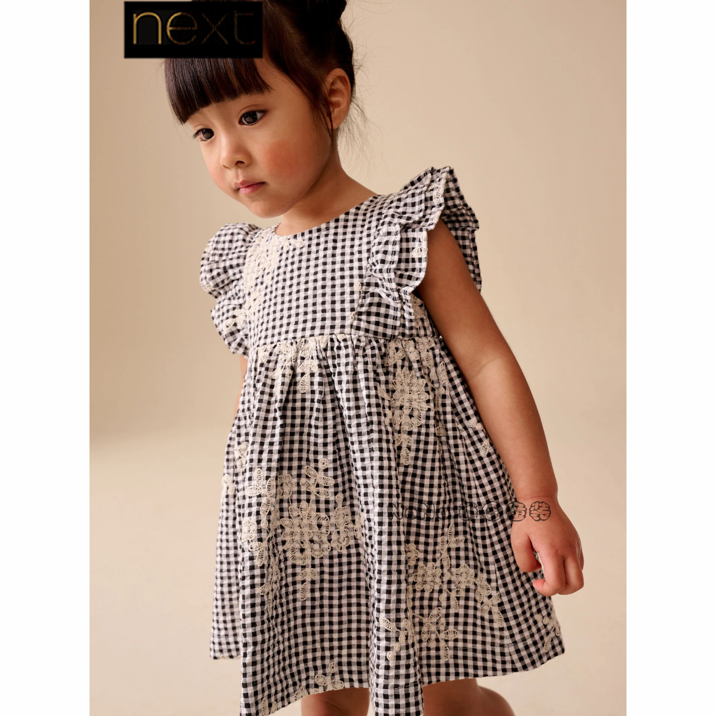 英国Next女童黑白色格子刺绣连衣裙礼服短袖1-8岁全棉新款W66-727