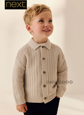 英国Next正品代购男童米灰色开衫POLO针织衫毛衣翻领1-7岁F02-899