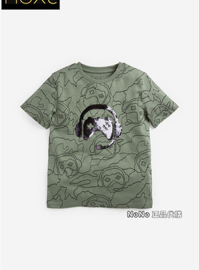 现货Next英国正品男童大童可亲子绿色变色亮片短袖T恤纯棉855-488