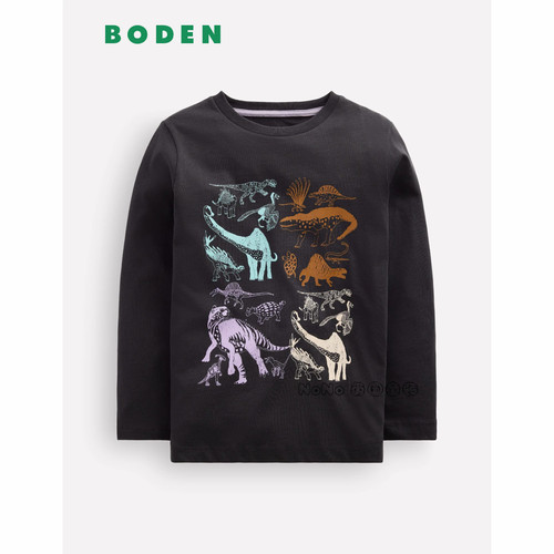 英国Mini BODEN正品男童深灰色恐龙长袖T恤纯棉2-12岁新款B3053