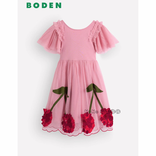 英国Mini Boden女童粉色樱桃网纱短袖连衣裙礼服2-10岁新款G5773