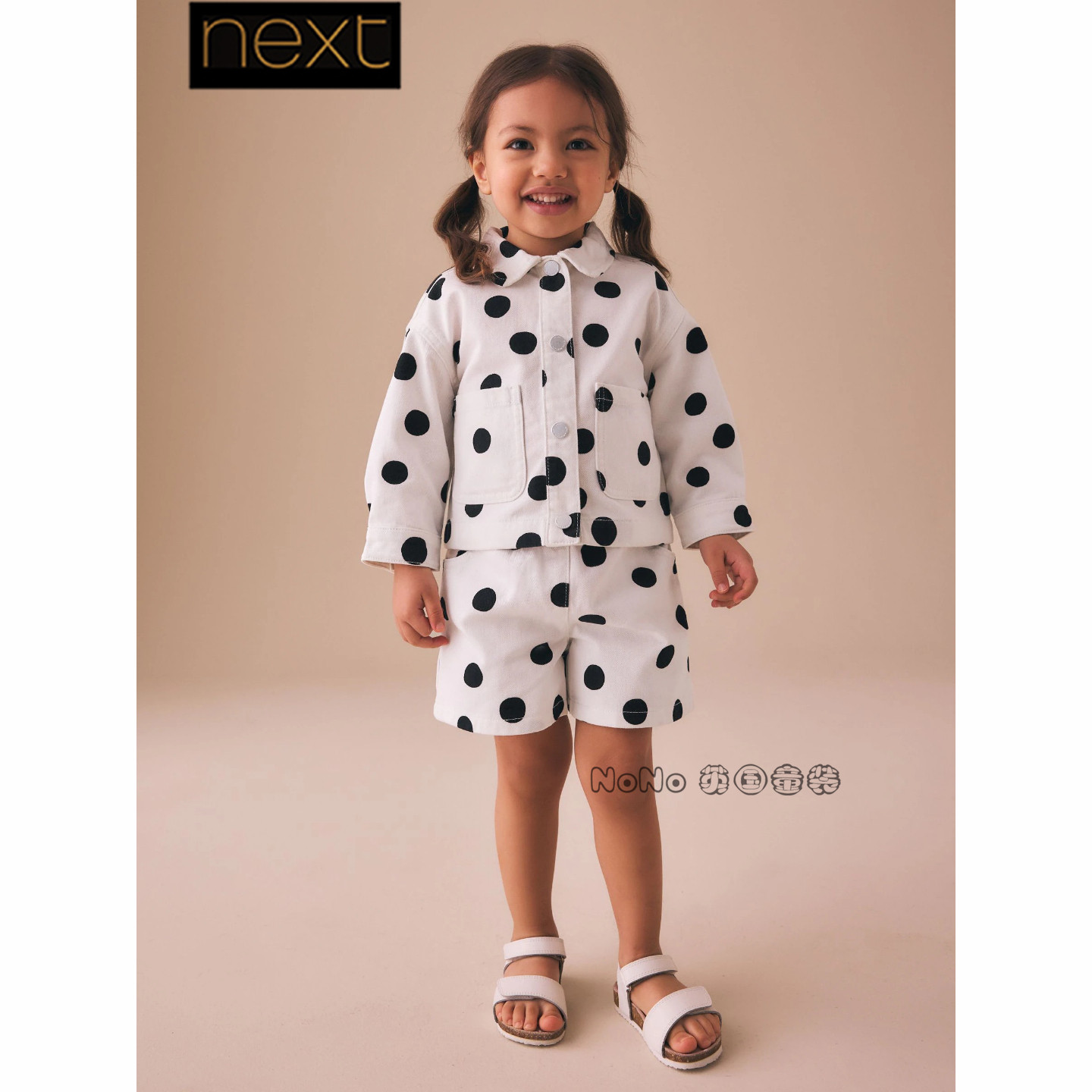 英国Next女童黑白色波点牛仔夹克外套短裤套装1-7岁全棉V29-685