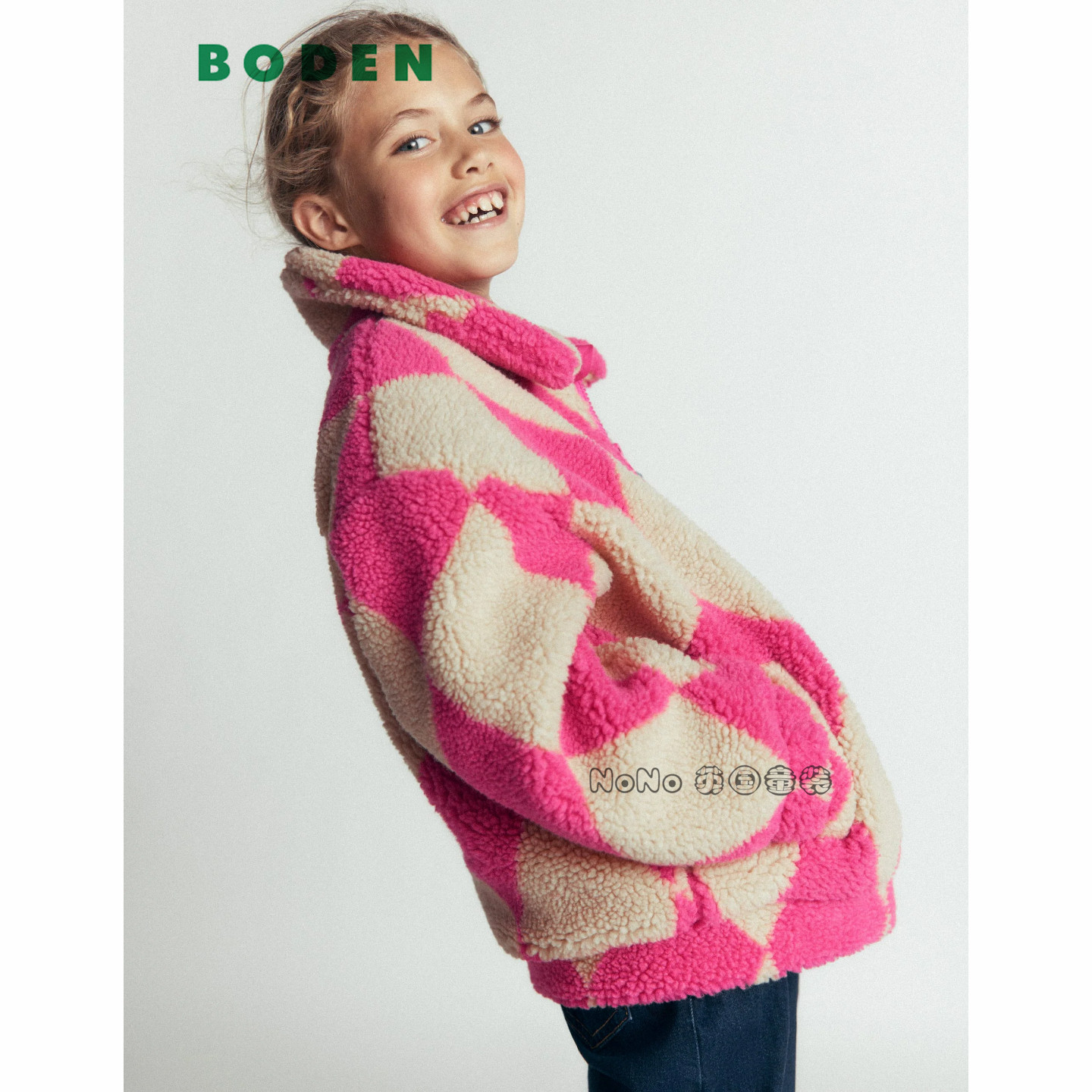 英国Mini BODEN女童粉色菱形格外套毛毛加厚绒衣2-14岁新款G6099