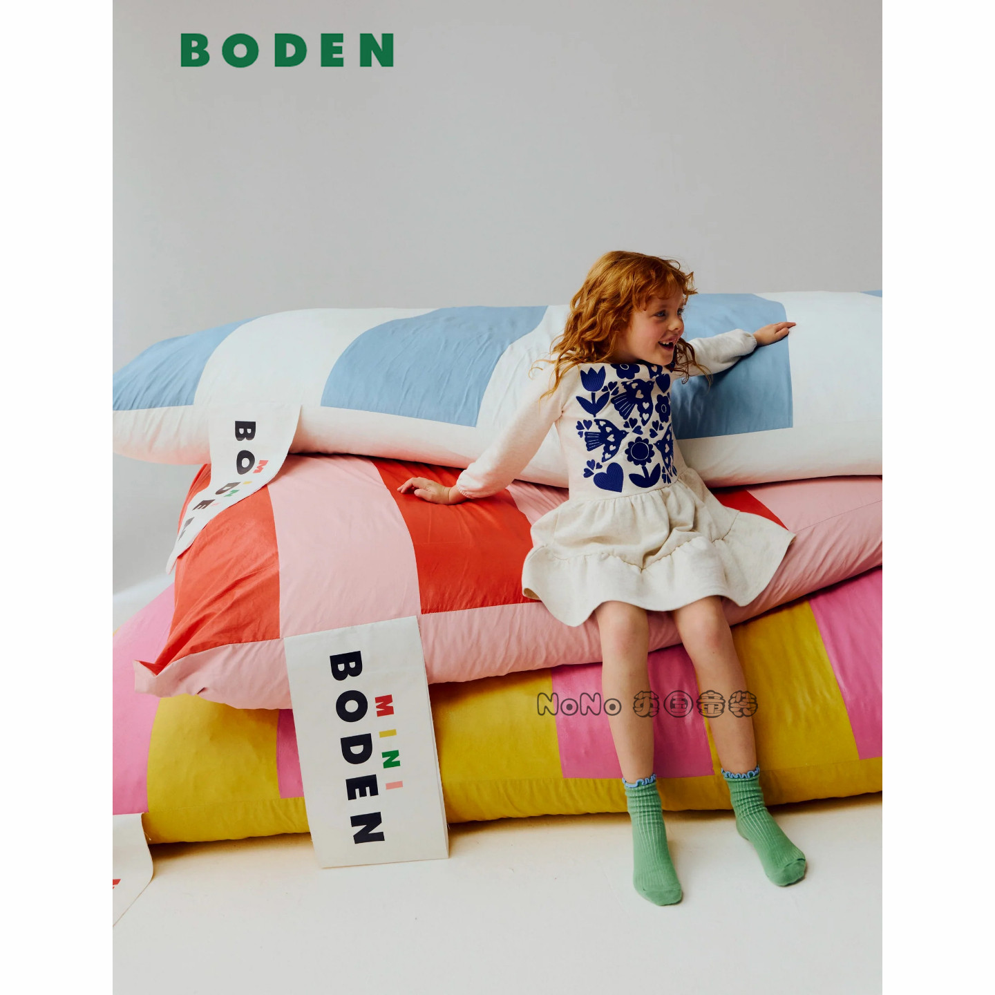 英国Mini Boden女童米白色小鸟刺绣长袖连衣裙全棉2-12岁G5745