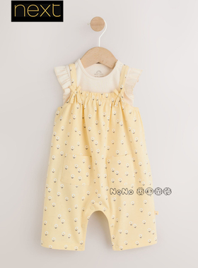 英国Next婴儿黄色碎花短袖包屁衣背带裤连身套装全棉H52-343
