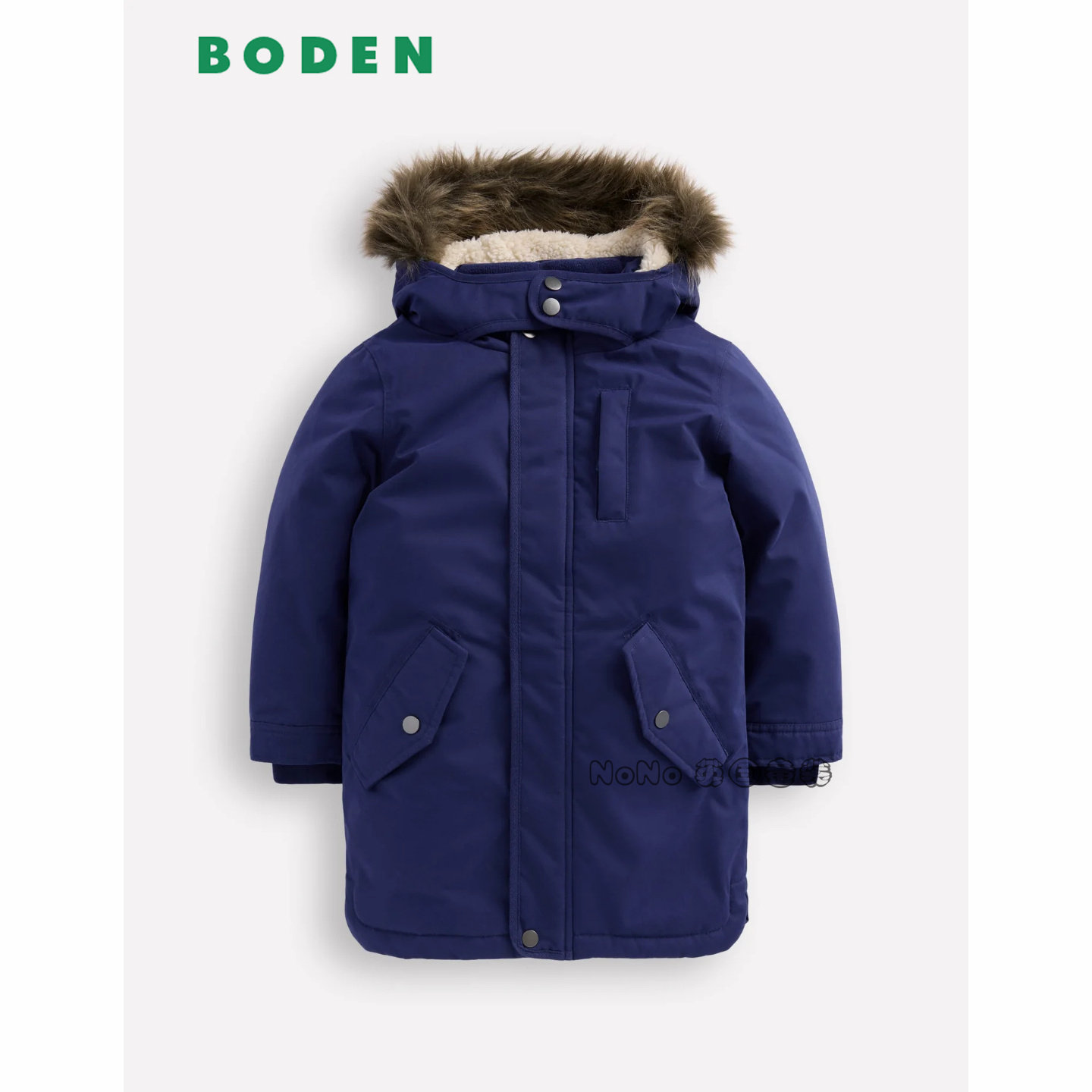 英国Mini BODEN男童深蓝色派克长款外套棉服连帽棉衣2-14岁B3085