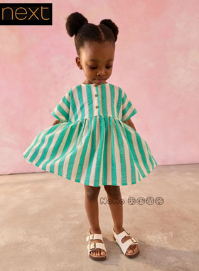 英国Next正品代购女童绿色竖条纹立体连衣裙纯棉短袖AC9-271