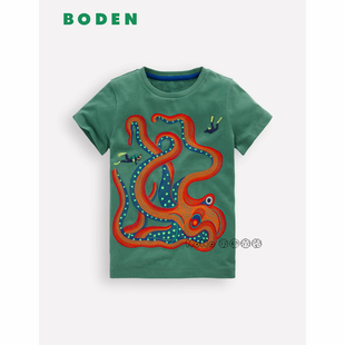代购英国Mini BODEN男童绿色章鱼刺绣圆领短袖T恤全棉2-12岁B2900