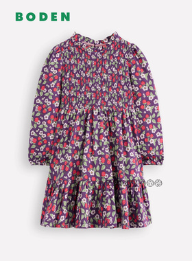 代购英国Mini Boden女童紫色碎花打揽长袖连衣裙纯棉2-12岁G5503
