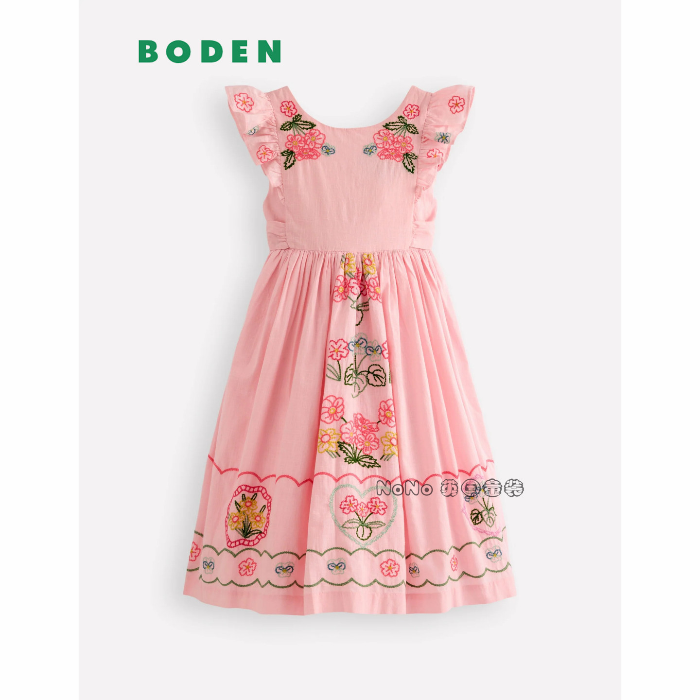代购英国Mini Boden女童粉色刺绣花朵短袖连衣裙全棉2-12岁G5797