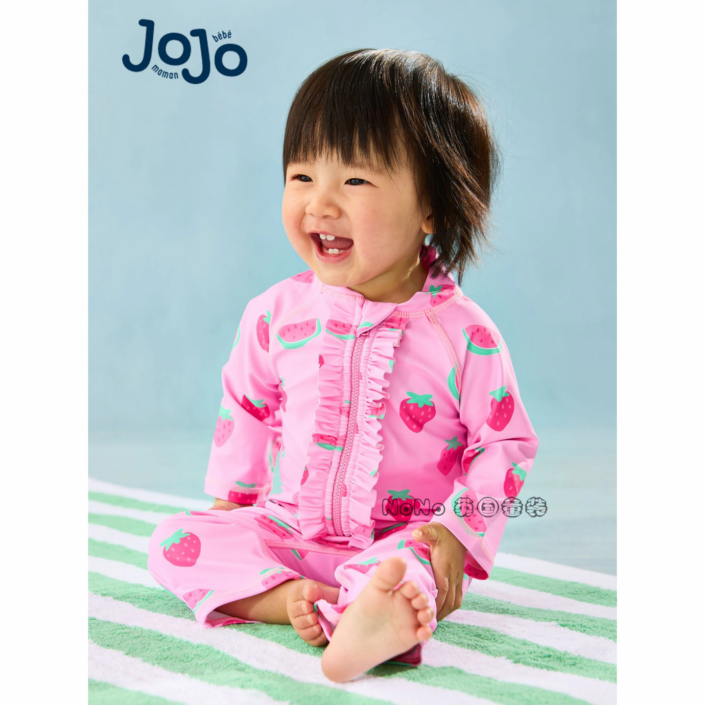 英国Jojo Maman Bebe女童粉红色草莓连体泳衣防晒UPF50+AT1-981