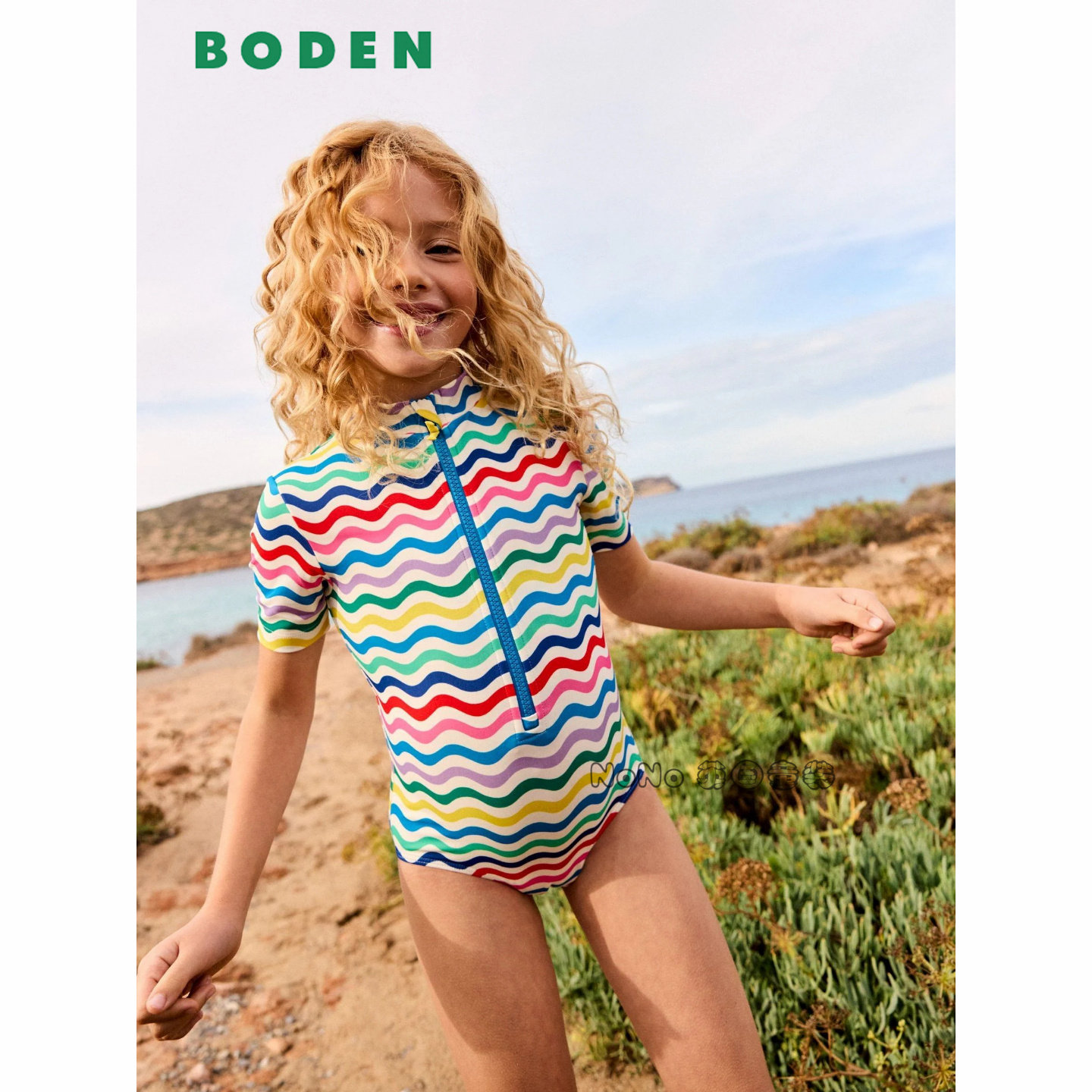 英国Mini BODEN正品代购彩虹条纹连体泳衣防晒SPF50+短袖2-12岁