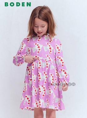 代购英国Mini Boden女童淡紫色飞鸟长袖连衣裙全棉2-12岁G5741
