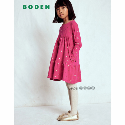英国Mini Boden女童粉色烫金樱桃长袖连衣裙纯棉新款2-12岁G5500
