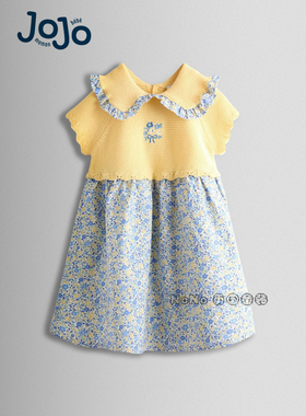英国JoJo Maman Bebe女童黄色刺绣翻领全棉毛衣短袖连衣裙Y09-455
