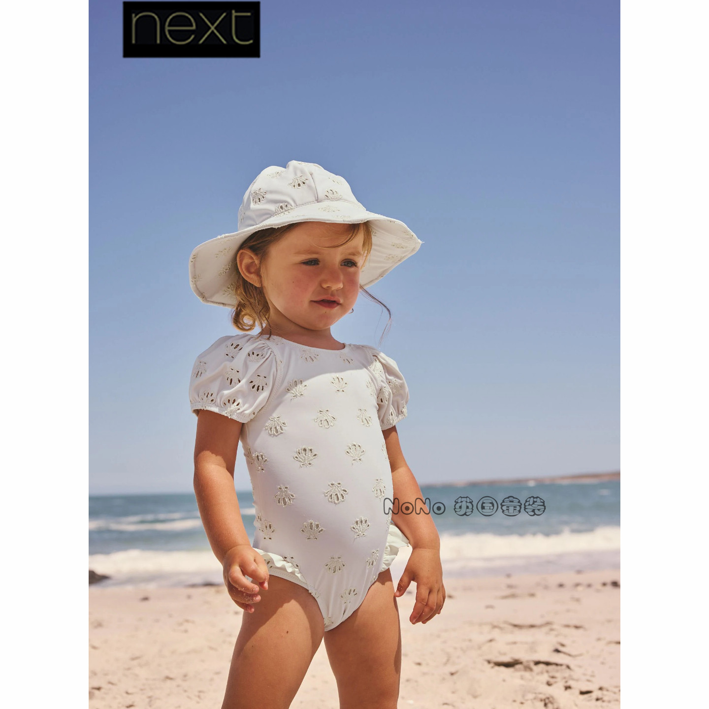 英国Next代购女童米白色刺绣T恤连体泳衣吊带防晒SPF50+H93-773
