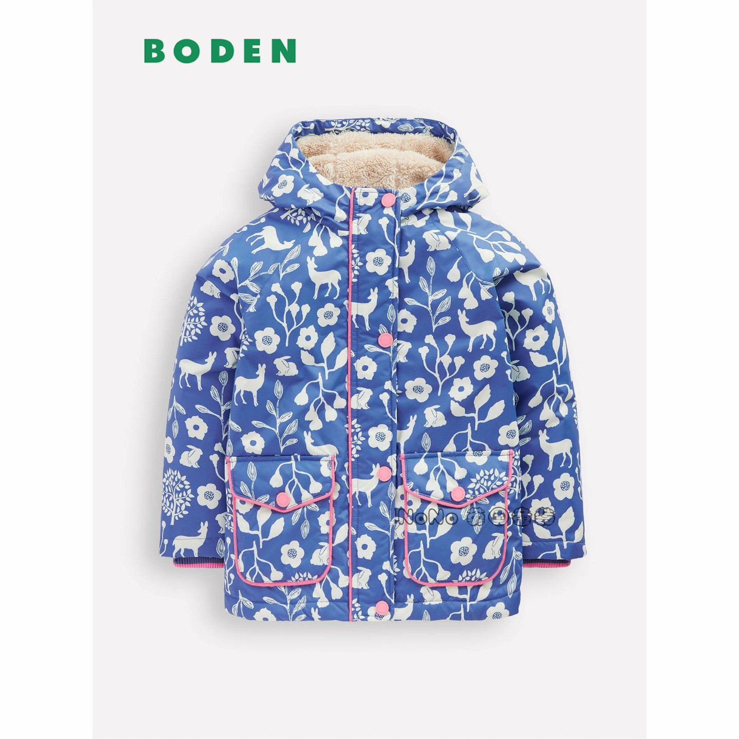 部分现货英国Mini BODEN女童蓝色碎花小鹿外套羊羔毛棉服加厚棉衣