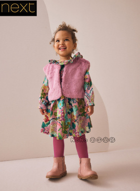 英国Next代购女童粉紫色印花长袖连衣裙马甲连裤袜套装AP9-495