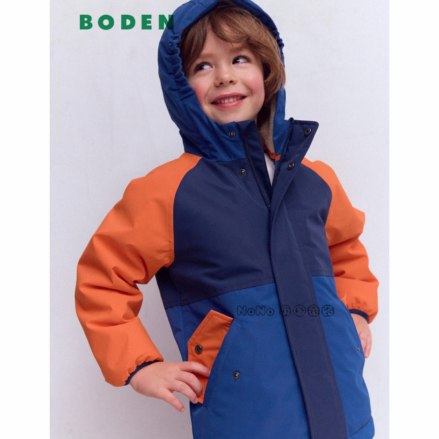 英国Mini BODEN男童蓝橘拼色外套棉服连帽棉衣加毛毛2-14岁B3166