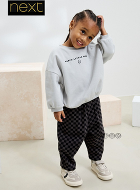 英国Next代购男童灰色笑脸卫衣格子卫裤运动休闲套装1-7岁F15-047