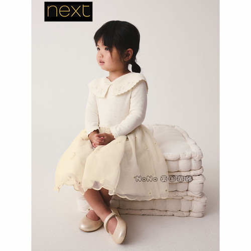 英国Next正品女童米色毛衣裙网纱长袖连衣裙1-10岁新款V99-823