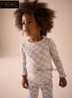 英国Next正品代购女童纯棉蓝白色棋盘格子螺纹长袖T恤打底E46-545