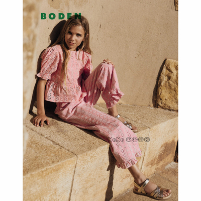 英国Mini BODEN女童粉色刺绣短袖T恤衫全棉阔腿裤2-14岁新款G5962