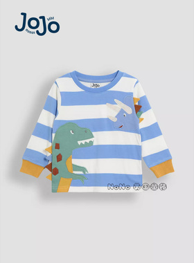 现货英国Jojo Maman Bebe男童蓝色条纹恐龙贴布刺绣长袖T恤纯棉
