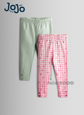 英国JoJo Maman Bebe女童粉绿色格子樱桃打底裤内搭1-7岁Y16-460