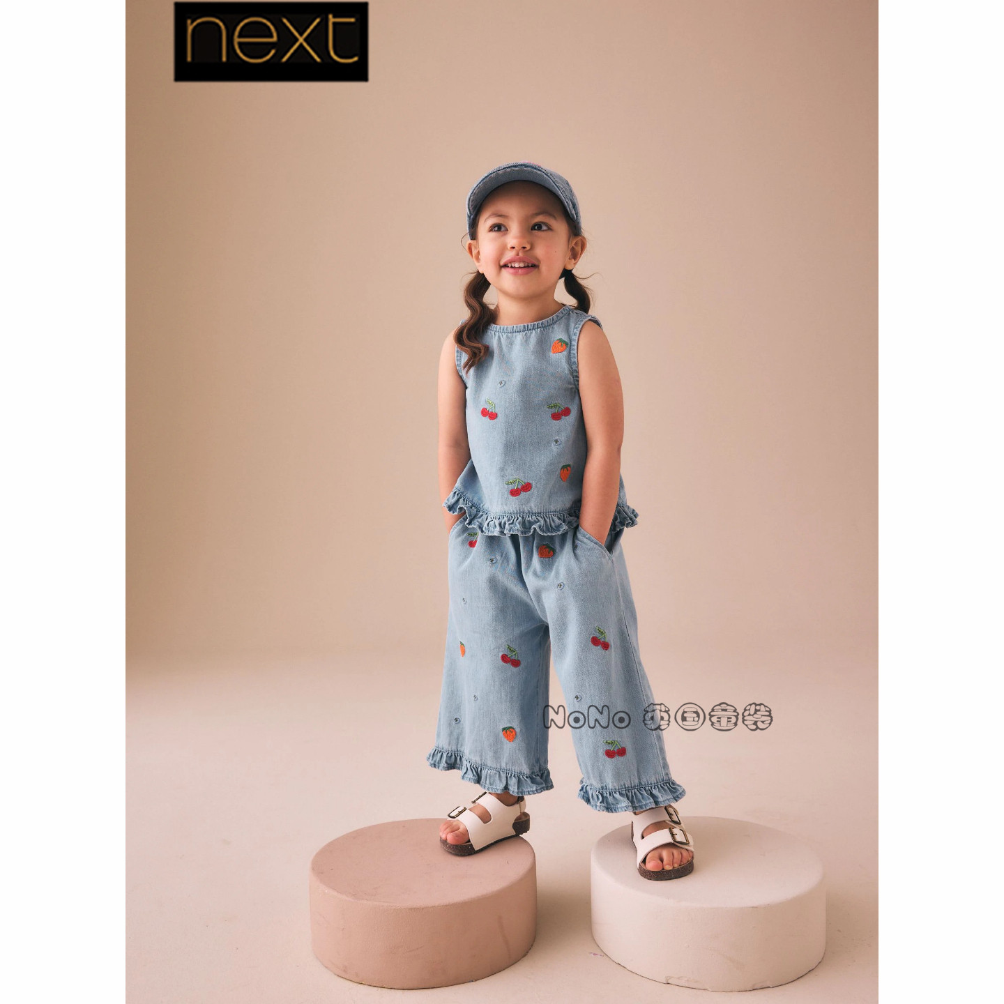 英国Next女童牛仔蓝草莓樱桃刺绣T恤长裤套装1-7岁全棉Y03-681
