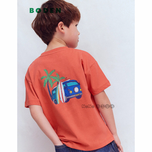 代购英国Mini BODEN男童橘红色汽车度假短袖T恤全棉2-14岁B2962