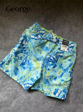现货折扣英国乔治George男童蓝绿色印花泳裤沙滩裤游泳短裤