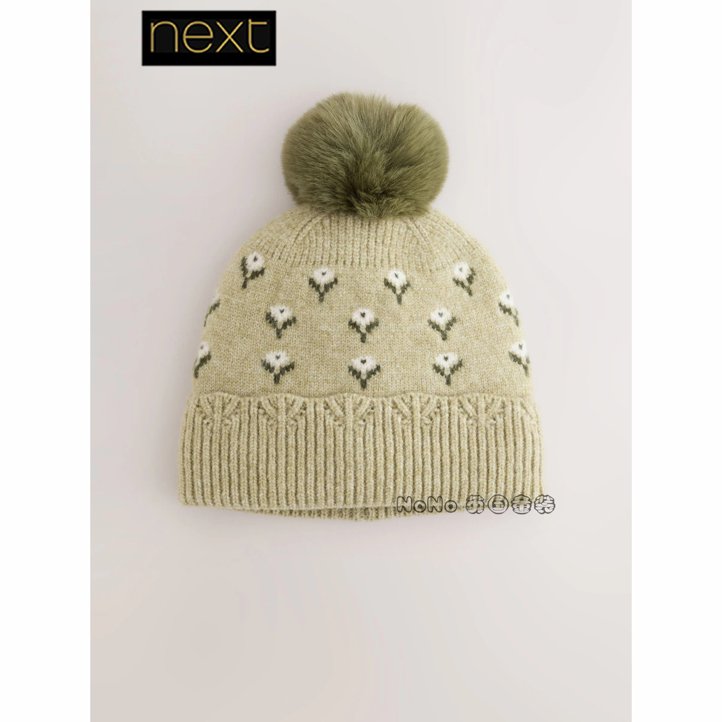 英国Next正品女童绿色碎花毛球毛线帽子冷帽0-13岁新款G99-743