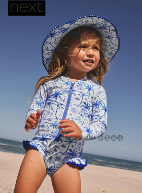 英国Next代购女童蓝色椰树印花T恤连体泳衣长袖防晒SPF50+Y00-558