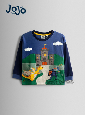 英国Jojo Maman Bebe儿童蓝色恐龙城堡刺绣长袖T恤纯棉F96-721
