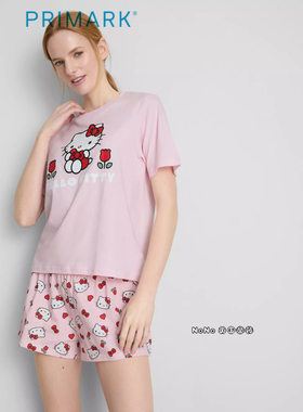 英国Primark女款成人大童粉色kitty花朵短袖家居服睡衣裤新款全棉