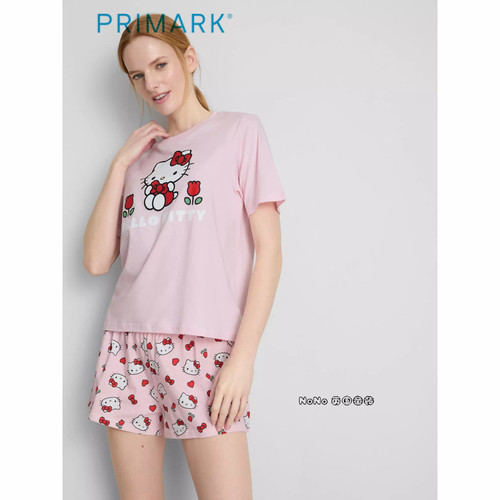 英国Primark女款成人大童粉色kitty花朵短袖家居服睡衣裤新款全棉