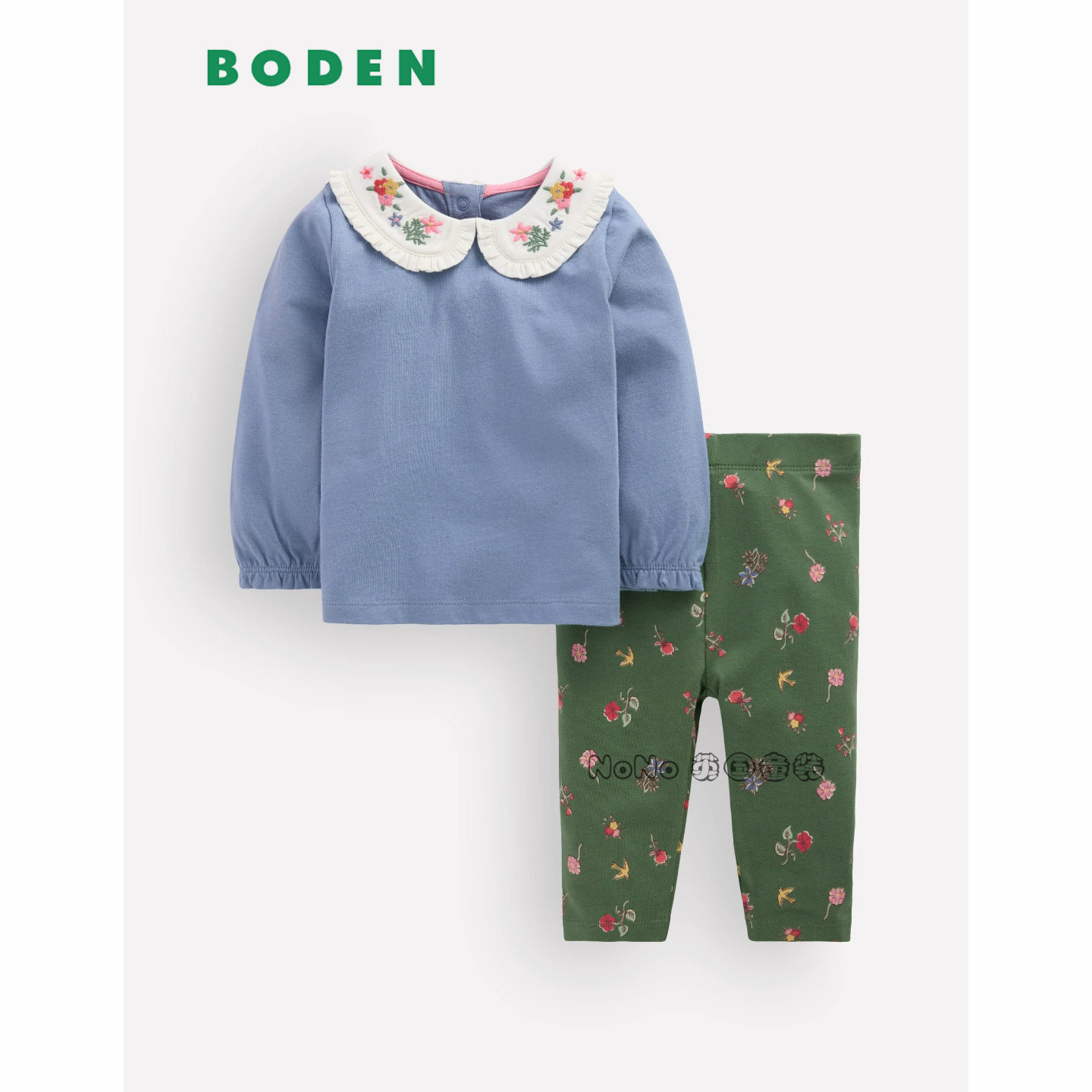 英国MINI BODEN婴儿碎花蓝色翻领T恤长裤休闲套装0-3岁新款Y2699